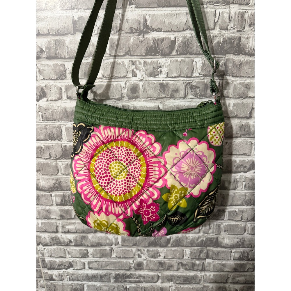 Vera Bradley Green Floral Quilted Crossbody Bag Adjustable Strap Zip Closure